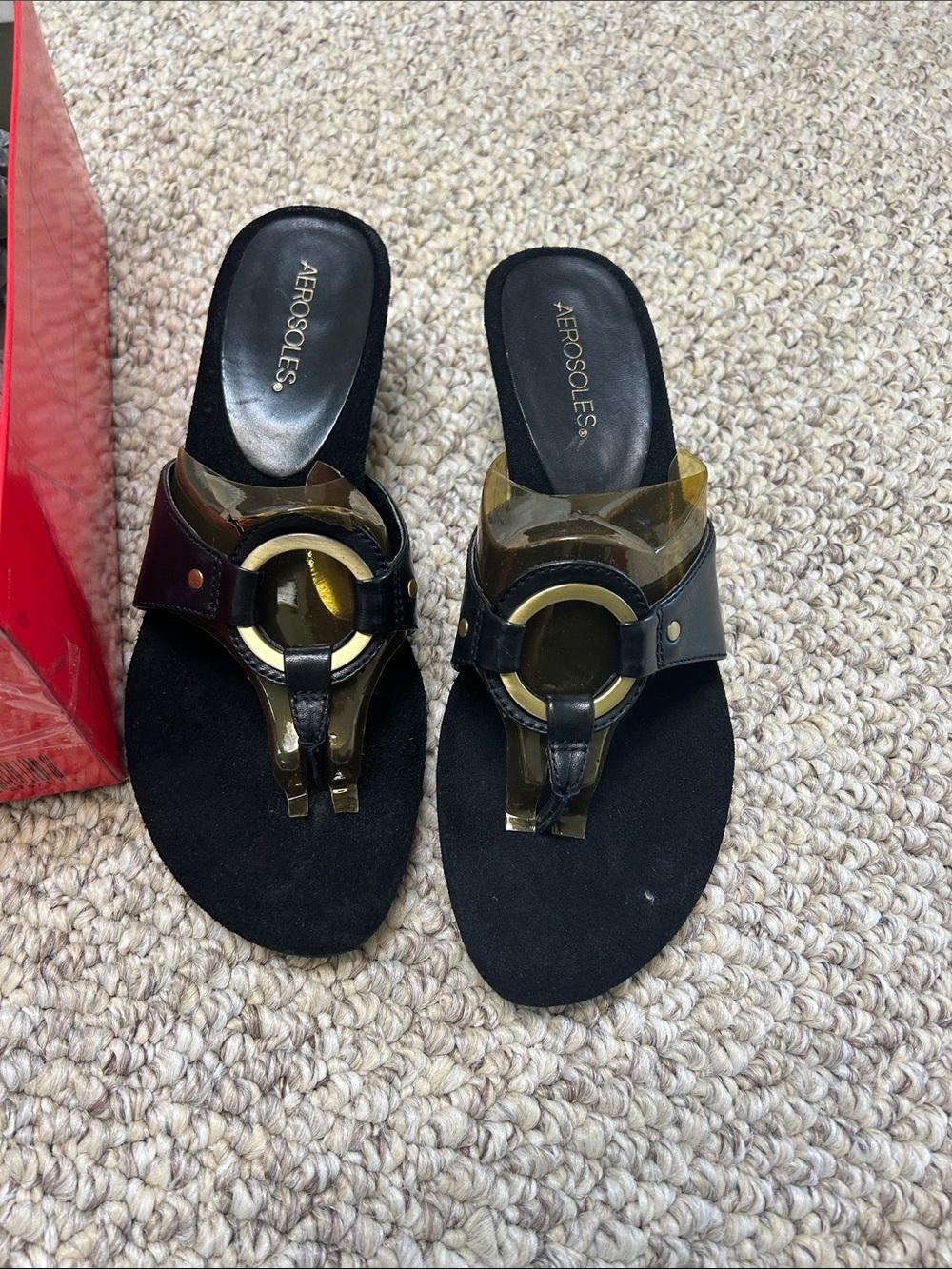 AEROSOLES Black and Tortoiseshell Ring-Accent Thong Slides